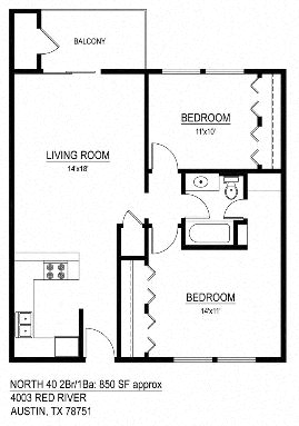 North 40 Apartments 2 bedroom 1 bathroom floor plan